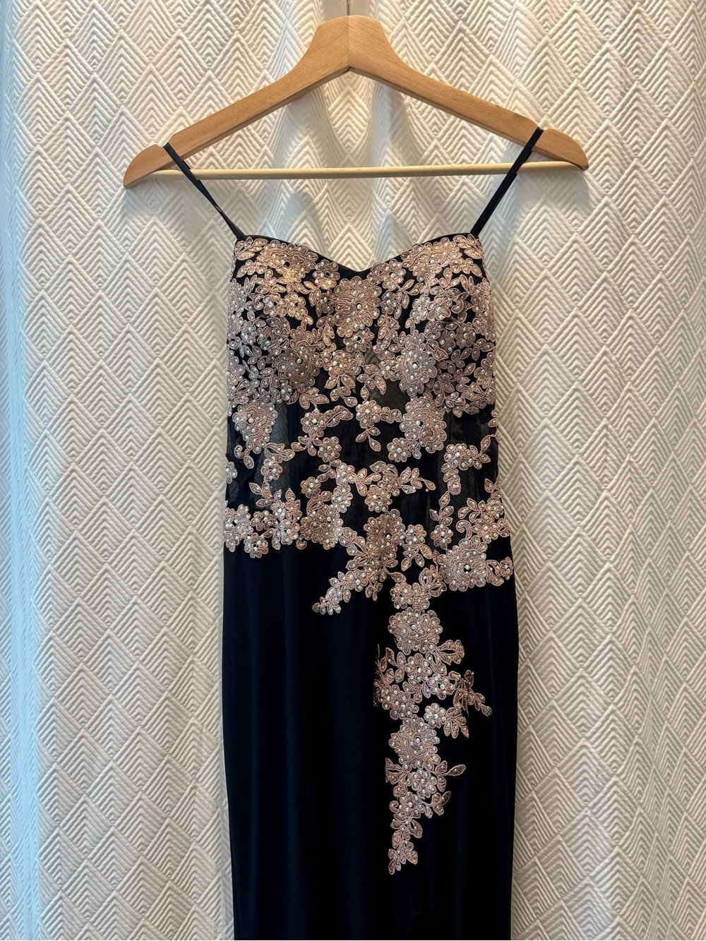Black Formal Gown with Blush Gold Beaded Floral Embellishments